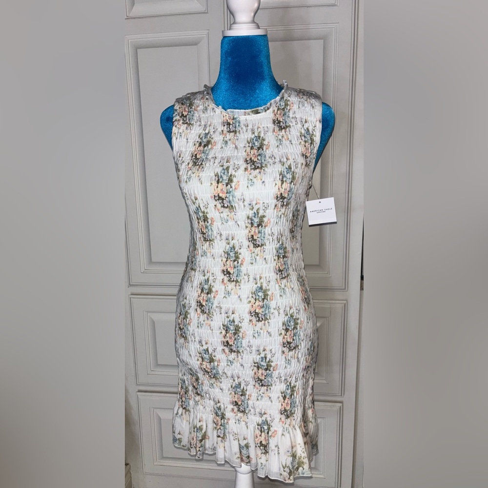 American Eagle White Smocked Floral Tube Top with Pastel Accents